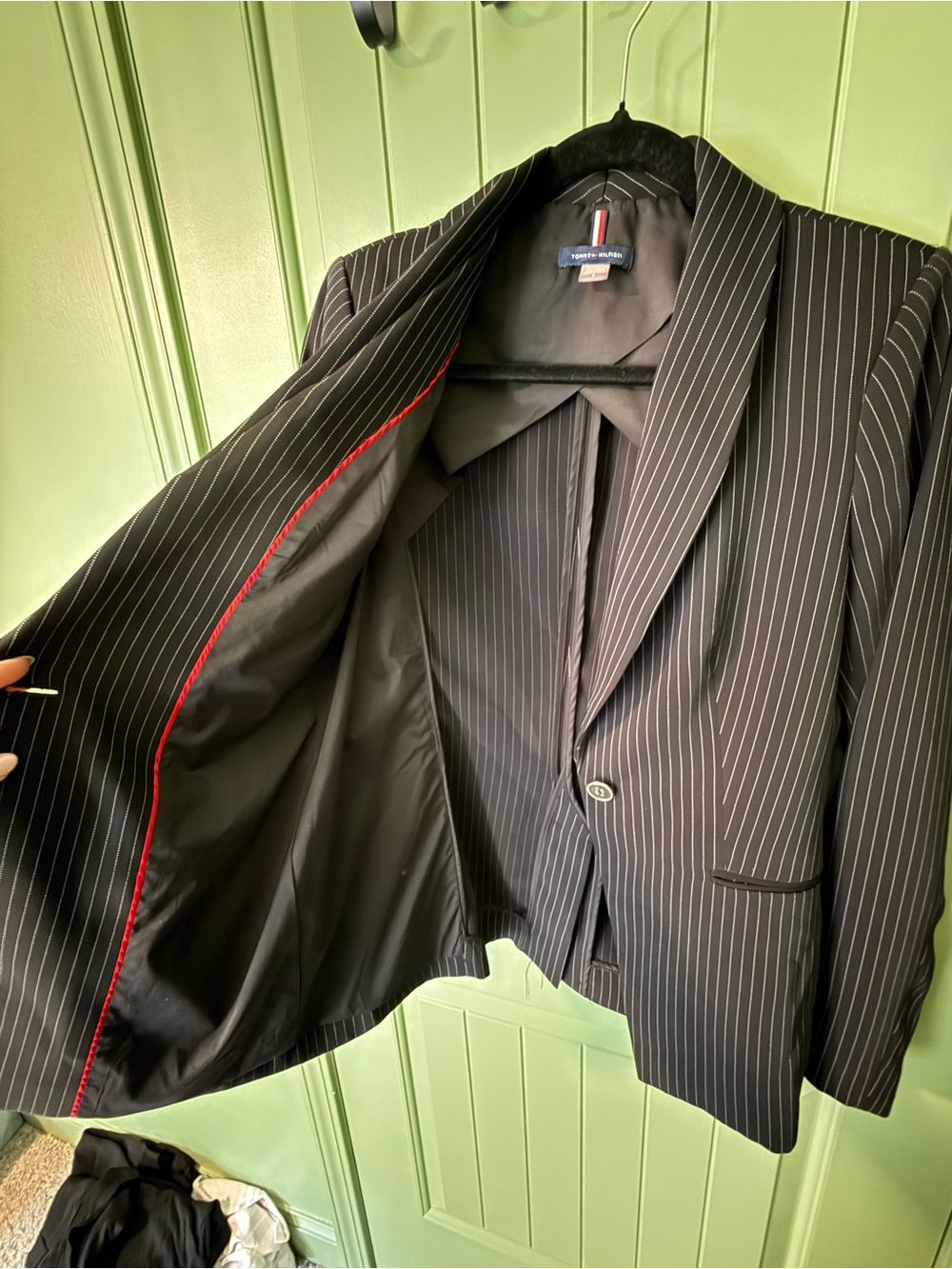 Tommy Hilfiger Black Pinstripe Suit Jacket with Red Lining Accent